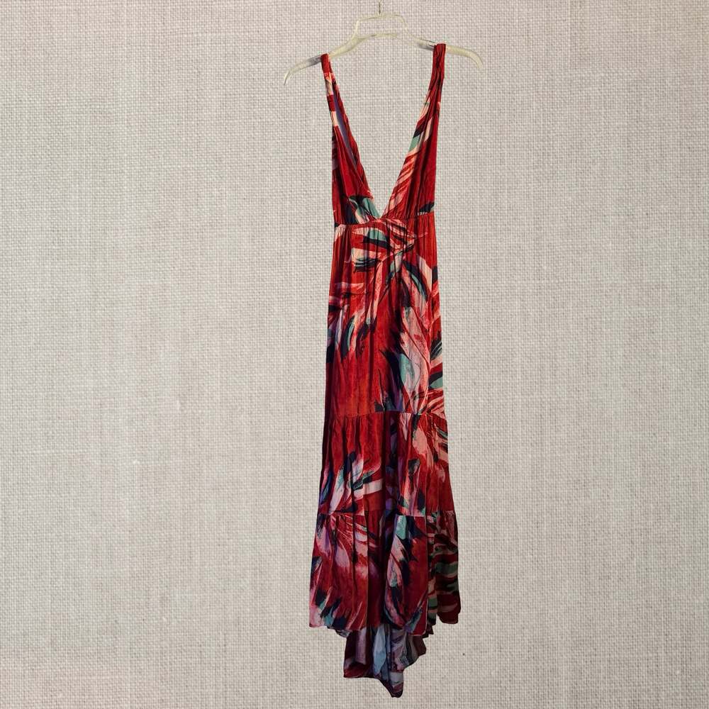 Anthropologie Red Tropical Print Deep V-Neck Tiered Maxi Dress tropical goddess - Picture 3 of 12